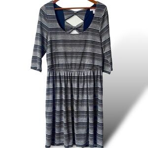 Skater Dress Women's 1X Black & White Striped Cross 3/4 Sleeve